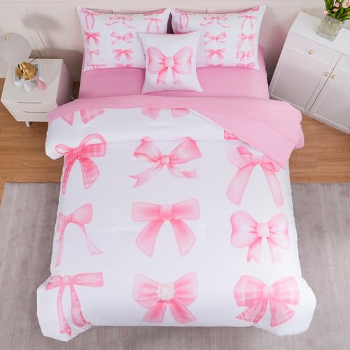Image of DORCAS Bow Full Size Comforter Set for Girls,6 Pieces Bed in A Bag Pink Bow Bedding Sets with Sheets for Kids