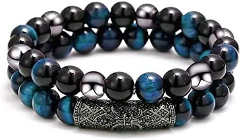 2Pcs Triple Protection Bracelet,Natural Tigers Eye Black Obsidian and Hematite 8 MM Beads Bracelet for Men Women Gift, Healing Crystal Bracelet Bring Luck and Prosperity and Happiness (Lake Blue)