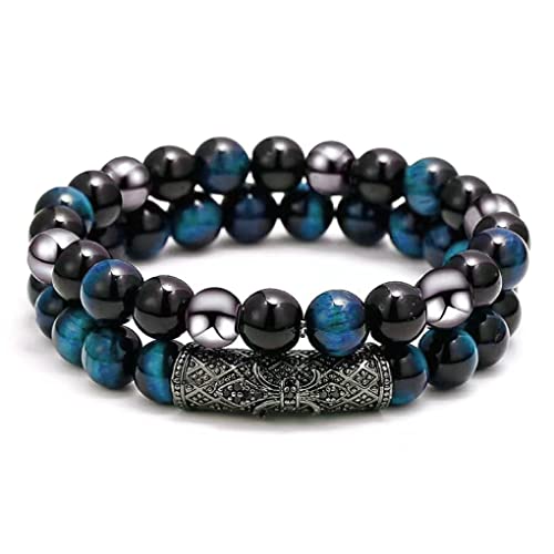 2Pcs Triple Protection Bracelet,Natural Tigers Eye Black Obsidian and Hematite ...