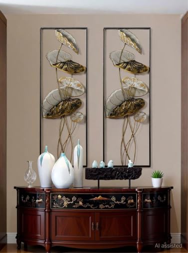 Image of F-RIQA METAL Golden Leaf Metal Wall Art Set of 2 Panels | Modern Iron Wall Hanging Decor for Living Room, Bedroom, Dining Room, Hallway & Office (36 x 13 Inch Each)