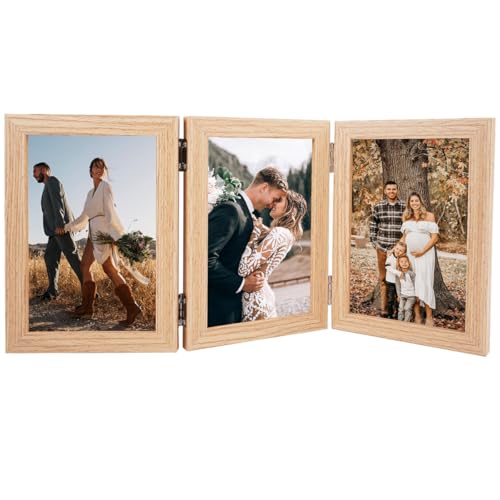 DGN Marco Fotos Triple Madera, Marco de Fotos Plegable de Madera, Capacidad para 3 Fotos 10 x 15cm, Marcos de Collage con Bisagras para Hogar, Oficina o Boda, Regalo para Familiares y Amigos