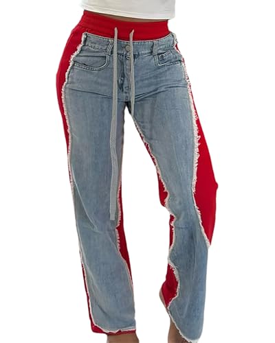 Women's Denim Patchwork Straight Leg Casual Pants Drawstring Elastic High Waisted Raw Hem Baggy Trousers