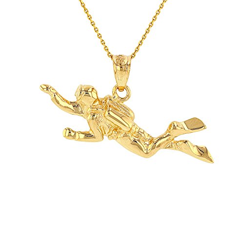 Solid 14k Yellow Gold 3D Scuba Diver Diving Frogmen Pendant Necklace