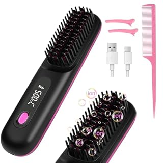 LOPHE Brosse Lissante Pour Cheveux, Lisseur Cheveux Sans Fil Portable Mini Lisseur Cheveux Brosse avec ÉCran 3 Température Réglable Chauffant Peigne à Cheveux Lonique pour Voyage et Domicile,Noir