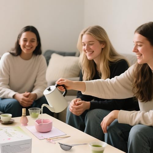 مجموعة الشاي الأخضر ماتشا، خفاقة مع مضرب ووعاء وملعقة شاي ومنخل وبساط وكوب من السيراميك وحامل، اداة مناسبة لإعداد وتقديم الماتشا، هدية فريدة لمحبي الماتشا، 7 قطع، لون بينك