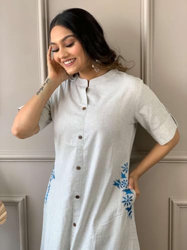 Image of Women's Cotton Embroiderd Long A-Line Kurti with Palazzo