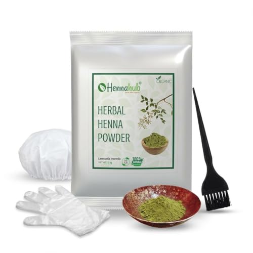 Image of HENNAHUB Herbal Henna Powder 1kg, Triple Filter For Hair And Hand with FREE IRON BOWL, Hair dye brush, shower cap, gloves, 100% Pure Ayurvedic Product With Amla Reetha Shikakai with other herbs