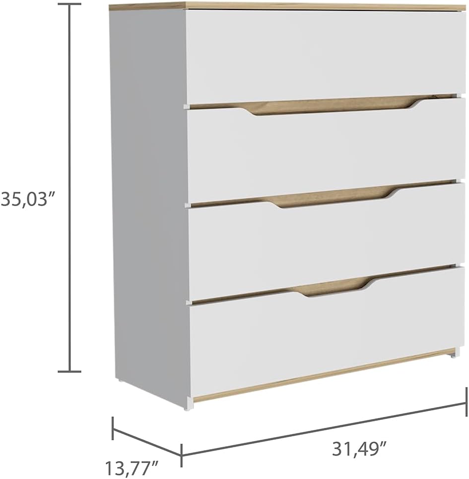 Cabinet Oboe, Superior Top, Four Drawers, White/Light Oak Finish