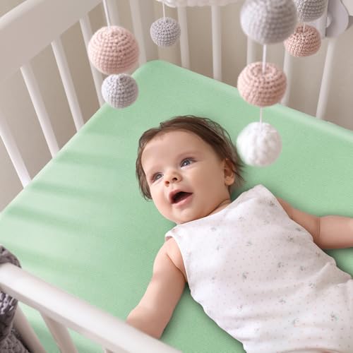 Image of Hahafelt 2 Pcs Satin Soft Crib Sheets Silky Baby Mattress Sheet 52''x28''x8'' Crib Sheets for Baby with Sensitive Hair Boys and Girls Newborn Infant Unisex Fitted Sheet(Sage Green, Beige)