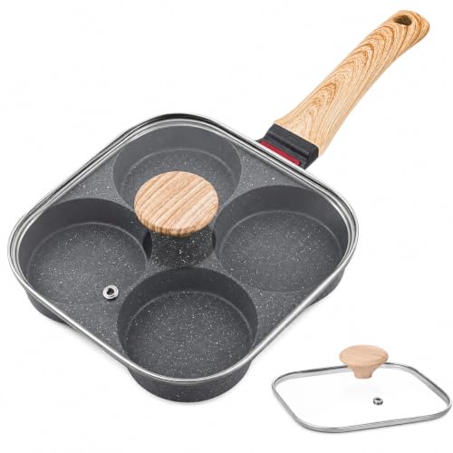 Image of 4 Cup Egg Frying Pan with Glass Lid &Wooden Handle, Non Stick Multi Section Fry Pan,4 Hole Omelette Pan, Breakfast Cooking Pan for Eggs, Pancakes, Burgers, Mini Dosa, Induction &Gas Compatible