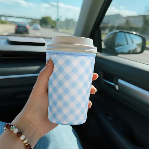 Image of Reusable Insulated Sleeve for Iced Coffee Cup, Coffee Neoprene Sleeve for Cold & Hot Drinks, Beverage Holder for Iced Coffee (Sky Gingham, Large: 32oz)