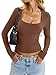 EasyGala Womens Cotton Tops Long Sleeve T Shirts Square Neck Y2k Tops Slim Fit Going Out Fall Fashion Clothes 2026 Brown