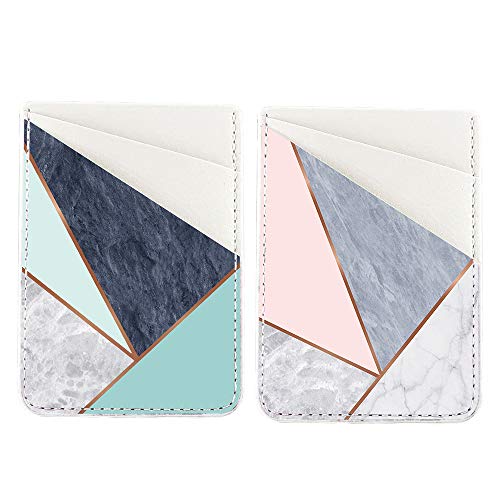 Obbii Metallic Gold PU Leather Card Holder for Back of Phone with 3M Adhesive Stick-on Credit Card Wallet Pockets for iPhone and Android Smartphones (Geometric Grey Marble)