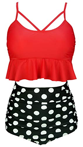 COCOSHIP Red & Black White Polka Dots Vintage Falbala High Waist Bikini Set Crisscross Hollow Out Swimsuit Cruise Swimwear L(US8)