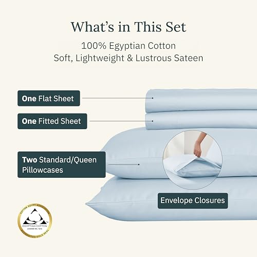 California Design Den Certified 100% Egyptian Cotton Bedsheets Queen Size Bed Set - Queen Sheet Set Egyptian Cotton Sateen, Deep Pockets with Anti-Skid Elastic, Durable Luxury Bedding - Light Blue