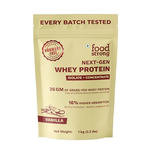 Image of Foodstrong Next-Gen Whey Protein Isolate + Concentrate, 100% Hormone Free Grass-Fed Whey, 26G Protein, Vanilla, With Turmeric, Probiotics & Natural Digestive Enzymes For Easy Digestion, 1KG