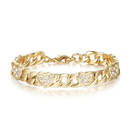 THE BLING KING Kids Gold Bracelet for Girls 7mm Heart Curb Chain 6-Inch 15g Gold Plated Childrens Bracelet