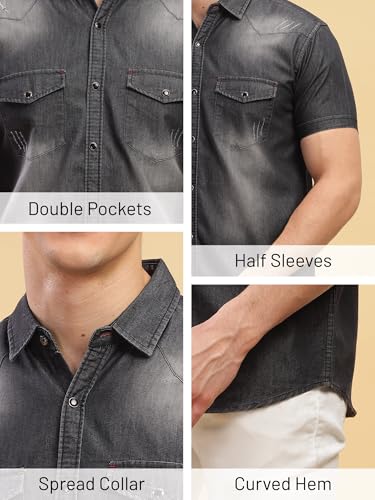 Image of Kuons Avenue Men's Black Double Pocket Half Sleeve Denim Shirt | Western Denim Shirt for Men