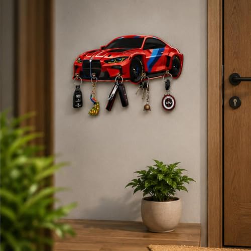 Image of Webelkart MDF UV Printed Key Holder for Wall with 5 Hooks - Decorative Wooden Key Hanger Organizer for Home, Office, Entryway - Wall Mounted Key Stand (12 INCHES) (Red)