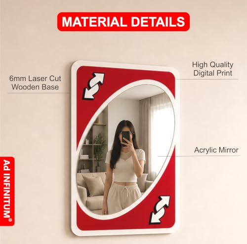 Image of AD INFINITUM Multilayer Wooden Wall Art With Mirror Hanging Decor for Contemporary Home, Bedroom, Living Room, Office etc., (UNO Reverse Red)
