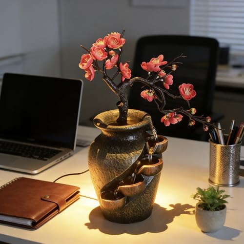 16" Flower Ornament Vase Decorative Bonsai Mini Tabletop Waterfall Fountain Indoor with Water Flow & Artificial Bouquet, Desktop Water Fountains Restaurant Coffee Home Decor or Festival Birthday Gift