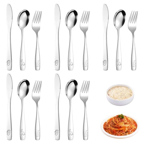 15 Pièces Couvert de Voyage en Inox Avec Motifs Gravés 5 Couteaux, 5 Fourchettes, 5 Cuillères Couverts pour Enfants Sécurisés und Lavable au...