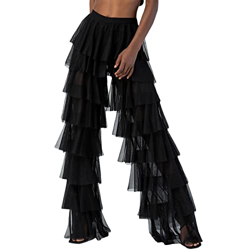 Women Wide Sheer Mesh Tiered Ruffled Pants High Waist Layered Tulle Pants Loose Long Trousers Streetwear