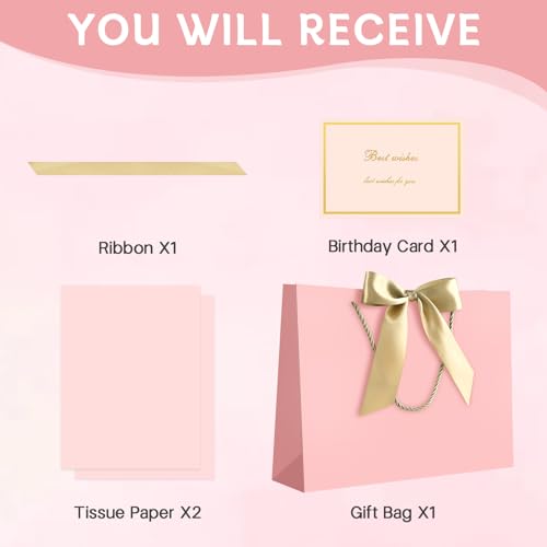 Image of JMANNI Pink Gift Bags with Handles, 13 inch Medium Gift Bag for Presents, 1 Pcs Bags with 2 Tissue Paper and 1 Cards for Graduation Baby Shower Wedding Bridal Shower Mother's Day Birthday Party（pink）
