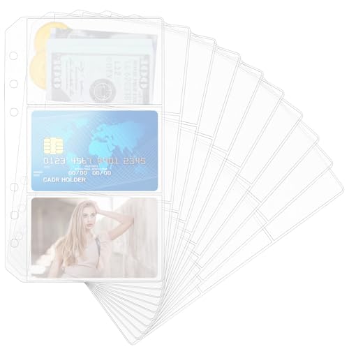 10 Pack A6 Binder Pockets Multi-Compartment Clear A6 Binder Inserts 6 Hole Zipper Folders Sleeves PVC Cash Envelopes Waterproof Document Pouch Card Loose Leaf Bags Divided for Budgeting Planner