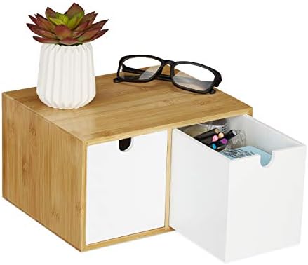 Relaxdays Desk Organiser, 2 Drawers, Office Storage Box, HxWxD: 14.5 x 24.5 x 20 cm, Bamboo & MDF, White