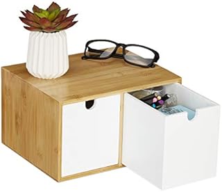 Relaxdays Desk Organiser, 2 Drawers, Office Storage Box, HxWxD: 14.5 x 24.5 x 20 cm, Bamboo & MDF, White