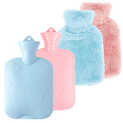 KSIBNW 2x Wärmflasche 1000ml mit weichem Fleece-Überzug, Wärmflasche mit Bezug,Naturkautschuk, Hält im Winter Warm,Geschenk für Frauen, Blau und Rosa Cover