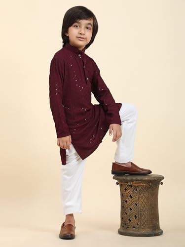 Image of Pro-Ethic Style Developer Men Silk Striped Father Son Matching Ethnic Wear Embroidery Mirror Work Kurta Pyjama Set |(Combo)B-117