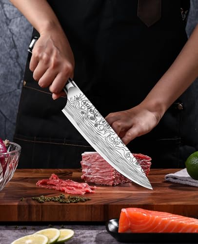 MOSFiATA Coltelli da Cucina Professionale Chef con Fodero, Protezione del Dito e Affilatore, in Acciaio Inossidabile con Manico Micarta - 20CM - immagine 3