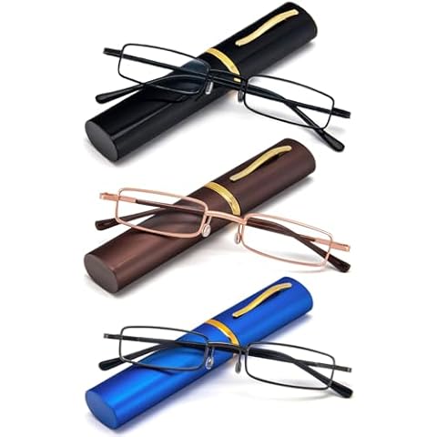 REAVEE 3 Pack Slim Pen Reading Glasses Small Tube Stylish Readers for Men Women Spring Hinged with Portable Clip Case, Black Brown Blue 2.5 Cover