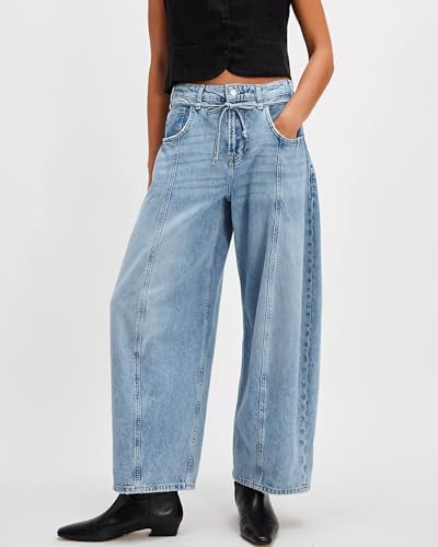LifeShe Wide Leg Jeans Woman Mid Rise Baggy Jeans Loose Boyfriend Barrel Denim Pants with Drawstring4