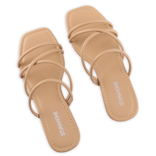 Image of STUNAHOME Women's Rhinestone Thong Flat Sandals Open Toe Slide Sandals with Square Toe Bling Strap