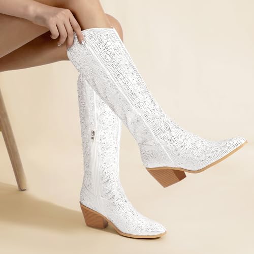 IDIFU IN3 Rhinestone Cowboy Boots For Women Knee High Western Cowgirl Boots Pointed Toe Block Chunky Heels Sparkly Glitter Long Tall Dress Booties Party Bling Shiny Boots3