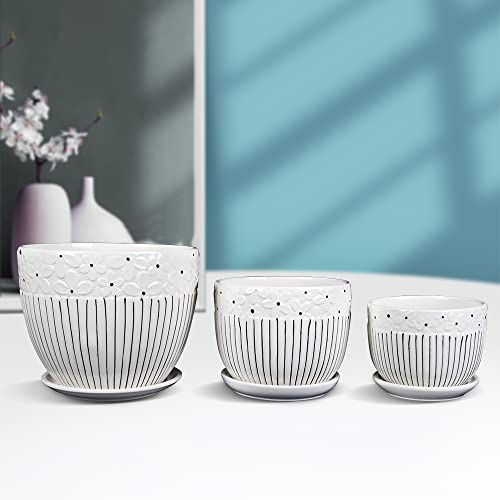 Garden Art Ceramic Pot Set of 3 | Sized Sequentially (16.7x16.7x16.5cm/14x14x13.5cm/11x11x10cm) Dia with Hole and Saucer for All Kind of House Outdoor and Indoor Plants (GA84013-WL)