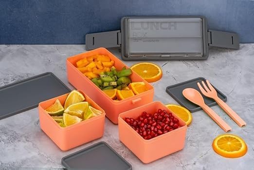 Image of 3 Compartment Lunch Box for Kids & Adults, Double-Decker Lunch Box for Office-School use,Leak Proof & Removable School,Garden,Travel Lunch Boxes (1400ml)(Color May Vary)