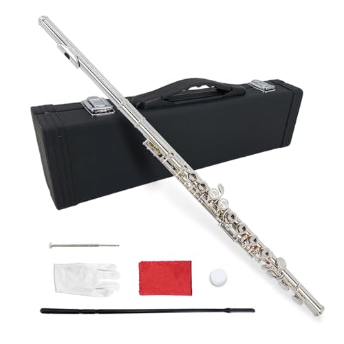 Vetimobato 16 Key Closed Hole C Flute for Beginners, Students, Adults – Silver Plated Nickel Flute with Carrying Case, Cleaning Kit, Tuning Rod, Gloves – Lightweight, Durable & Easy to Play (Sliver)