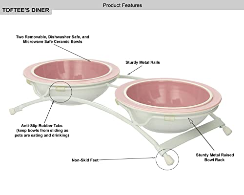 Petrageous 44355 Toftees Paws Diner With Two 1-Cup Dishwasher Safe Stoneware Bowl Capacity 10.75-Inch Length 2.25-Inch Tall For Extra Small And Small Dogs And Cats, White And Pink #TOP5