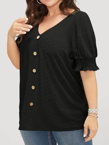 Beautife Womens Plus Size Tunic Tops V Neck Short Puff Sleeve Tops Casual Summer Eyelet Blouses2