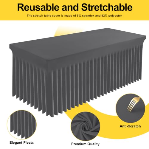 Image of Smiry Spandex Elastic Fitted Table Cloth Skirt for 8FT Rectangle Table | Stretch Washable Table Cloth, Banquet Table Cover for Wedding, Party, Indoor & Trade Shows, (Dark Grey, 96Lx30Wx30H)