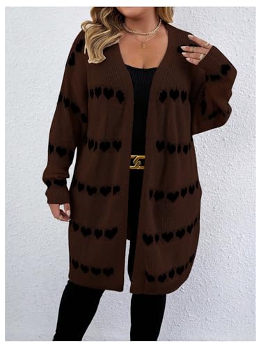 Image of MakeMeChic Women's Plus Size Long Cadigan Sweaters Casual Open Front Kint Lightweight Cadigan Heart Long Sleeve Outerwear