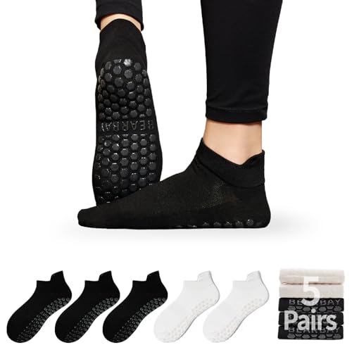 Image of Non-Slip Pilates Yoga Socks for Women Cotton Crew Striped Bow Embroidery for Barre Ballet Dance Workout