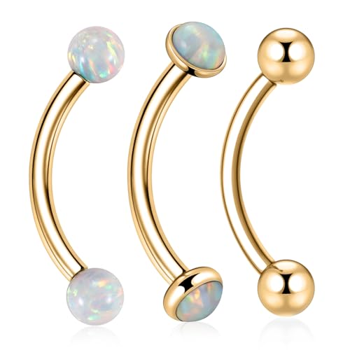 AROWRO Eyebrow Piercing Jewelry G23 Titanium Rook Piercing Jewelry Gold Vertical Labret Lip Jewelry Curved Barbell 16G Opal Eyebrow Rings 8mm