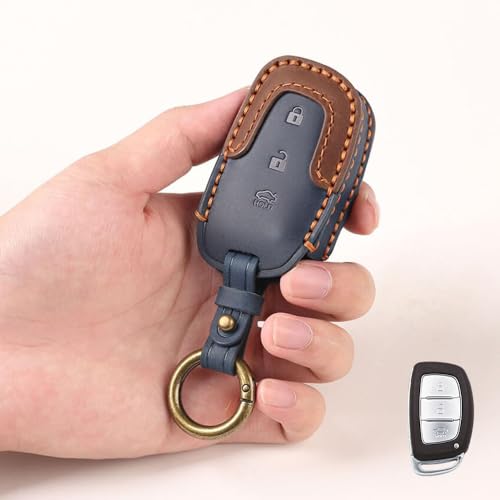 Image of keyzone dual leather key cover for Hyundai i20, Creta, Venue, Tucson, Alcazar, Verna, Xcent, Aura, Elantra 3 button smart key