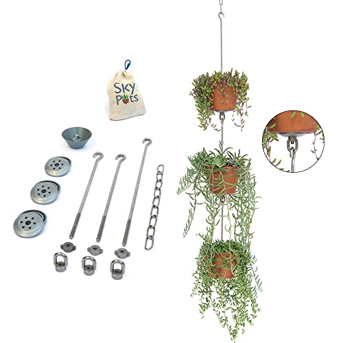 SkyPots — Three Pack, Pot Hanger Kits + Accessories - Hang and Connect Your Clay Pots, Stainless...