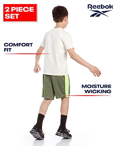 Reebok Boys' Active Shorts Set - 2 Piece Performance T-Shirt And Basketball Gym Shorts (8-12), Size 10, Classic White/Moss Green #TOP1